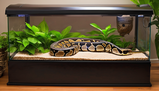 Ball python in a vivarium with plants and a water feature, illustrating optimal habitat setup for python care.