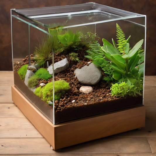 Glass terrarium setup for powder orange isopods, featuring lush green plants, rocks, and a soil substrate on a wooden base.