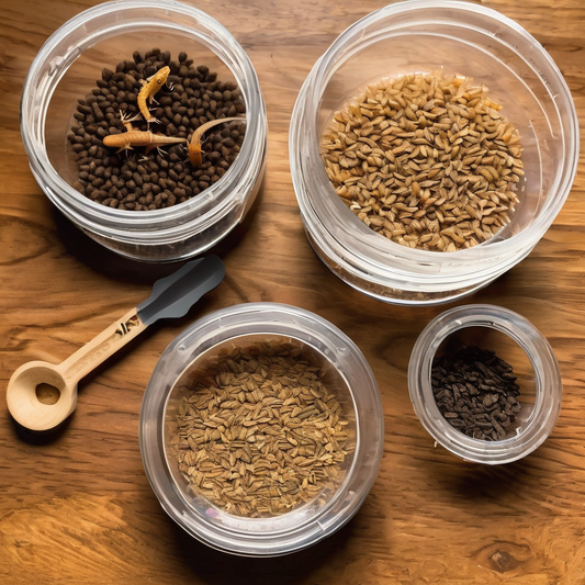 Containers with mealworms, superworms, and soil; alongside a wooden scoop, reflecting varied pet food options.