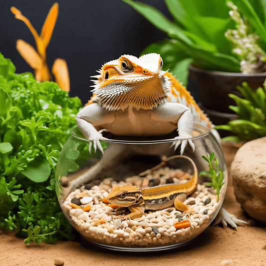 A bearded dragon perched on a glass bowl with a smaller dragon inside, surrounded by greenery, illustrating their diet habitat.