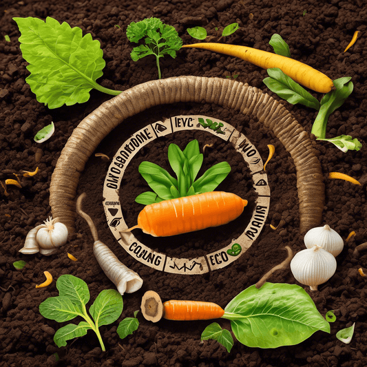 Superworms on soil encircle vegetables like carrots and garlic, illustrating their role in recycling organic matter in nature's ecosystem.