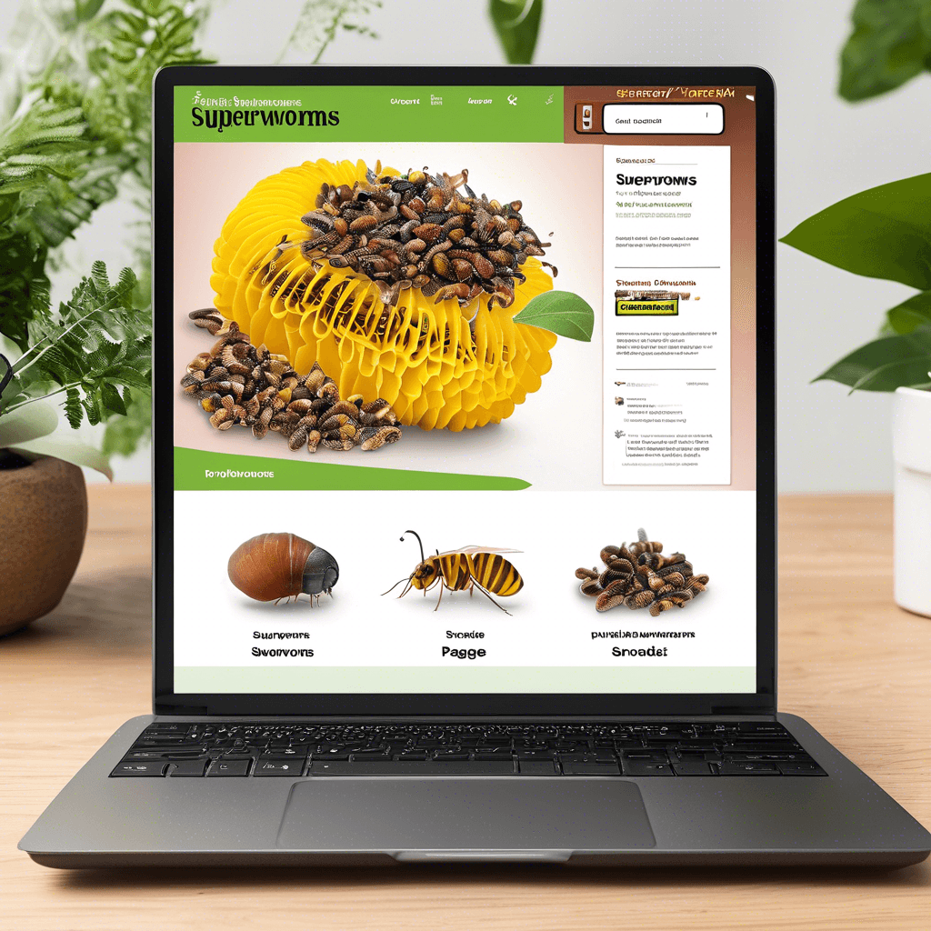 Laptop displaying an online store for superworms, featuring images of worms and lifecycle stages, surrounded by plants, in a beginner's guide context.