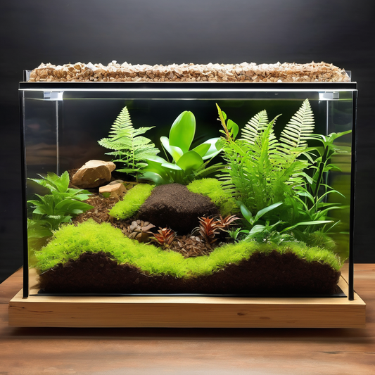 A lush terrarium setup with ferns, moss, and rocks, designed for housing powder orange isopods as described in the beginner's care guide.