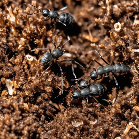 Close-up of black ants on brown soil with visible springtails, illustrating differences and interactions for identification in pest management.