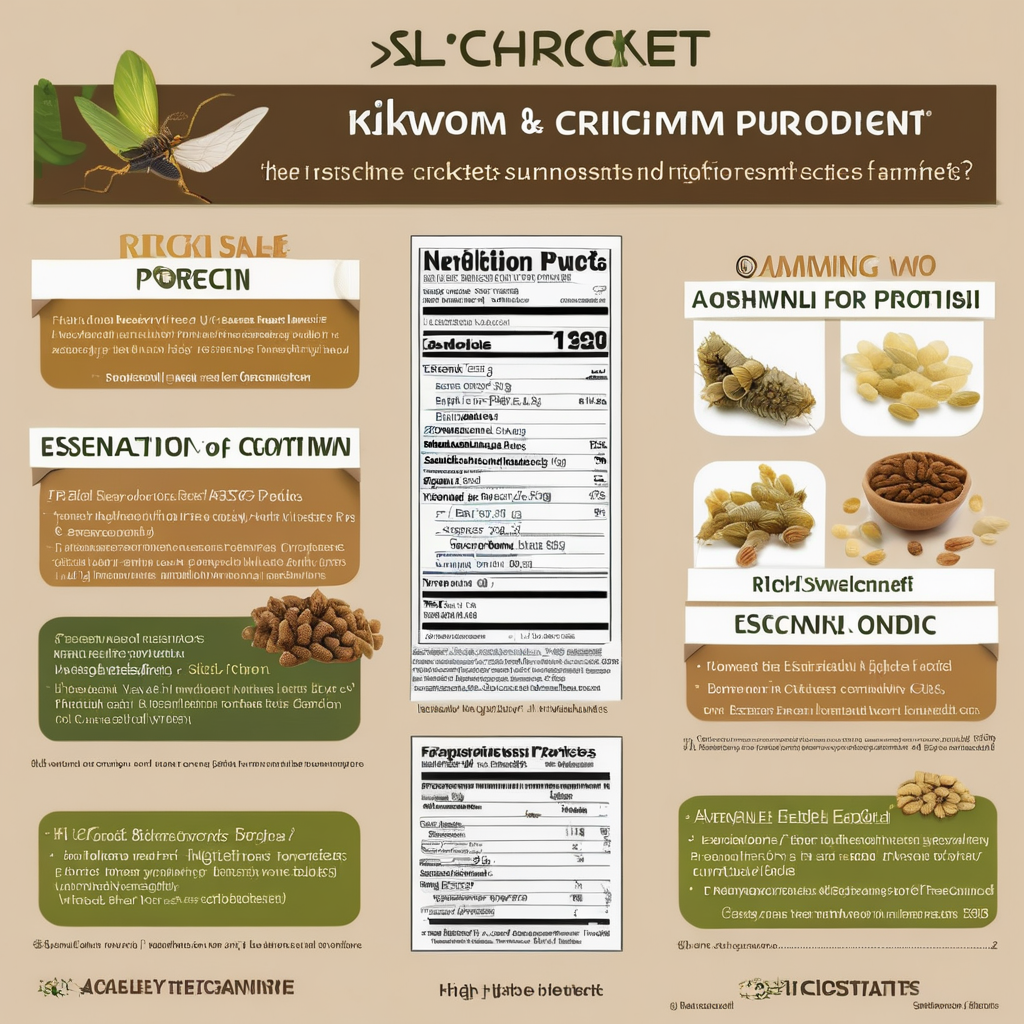 Infographic comparing silkworm and cricket proteins, highlighting nutritional facts, benefits, and dietary uses in the context of insect protein.