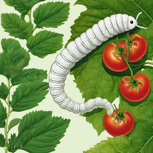 Silkworm on green leaves near ripe tomatoes, illustrating pet feeding options in the 'Silkworms vs Hornworms' article.