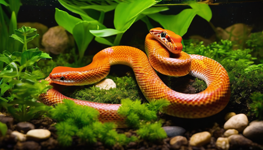 Bright orange corn snake in a lush, leafy terrarium setup, highlighting ideal habitat conditions for healthy growth.