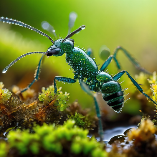 A vibrant green insect, covered in dewdrops, crawls on mossy terrain, illustrating a key element of the Bylas Ant Springtails ecosystem.