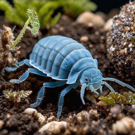 Powder blue isopod on soil with small plants, highlighting its vibrant color and habitat for a beginner's care guide.