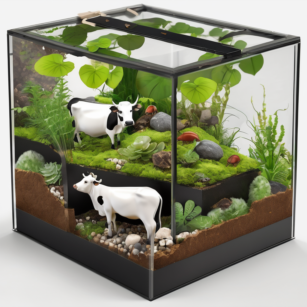 Glass terrarium with model cows, plants, rocks, and feeder insects for All Angles Creatures.