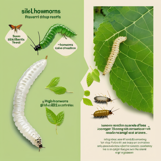 Illustration comparing silkworms and hornworms with visual differences highlighted; includes text about their benefits as feeder insects.