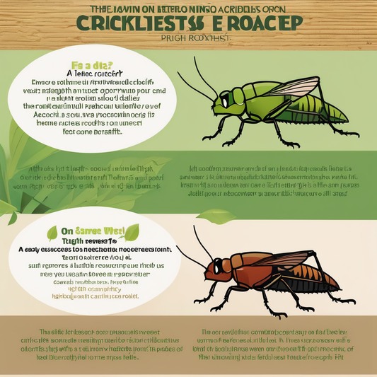 Comparison infographic of a cricket and a discoid roach, highlighting features and benefits as feeder insects for pets.