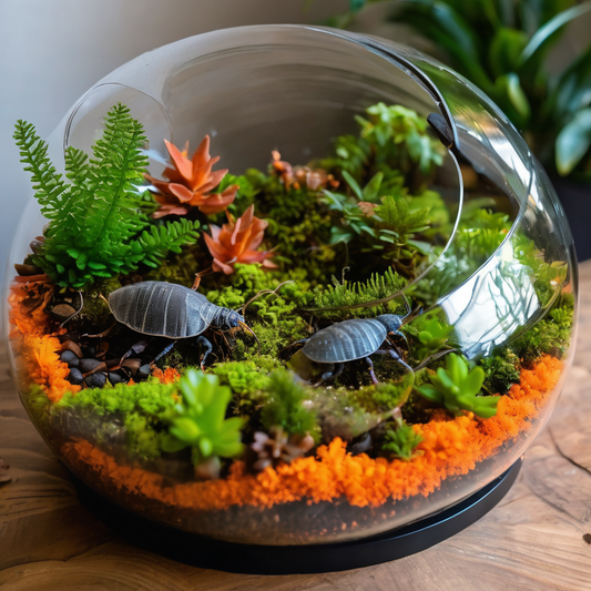 A terrarium featuring Powder Orange Isopods on moss, surrounded by vibrant green ferns, orange plants, and colorful substrate, highlighting isopod care.