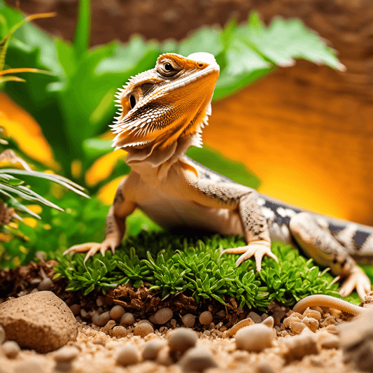 Bearded dragon perched on vibrant greenery with a super worm nearby, suggesting a natural habitat and nutritious treat.