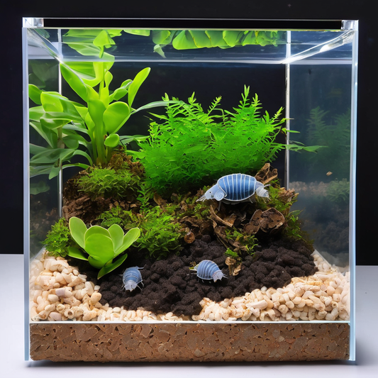 Powder blue isopods in a terrarium with lush green plants, showing ideal habitat setup for beginner care.