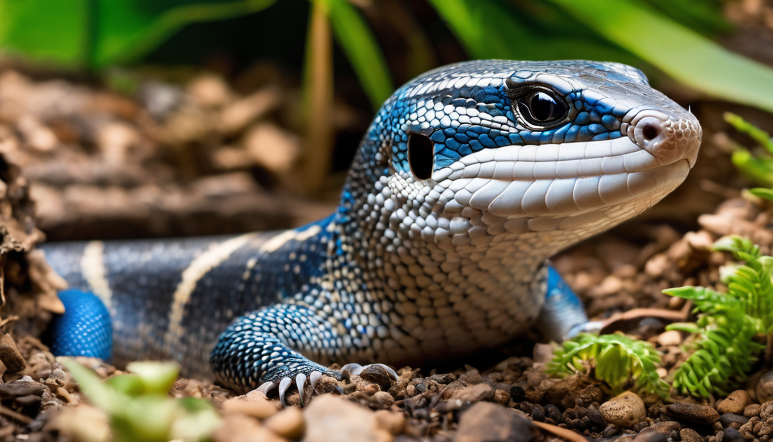 Northern Blue Tongue Skink on rocky substrate with foliage, showcasing its vivid blue scales relevant to beginner care guide.