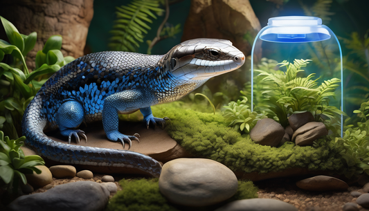 Northern blue tongue skink in a naturalistic terrarium with plants, rocks, and a heat lamp, showcasing ideal habitat setup for care guide.