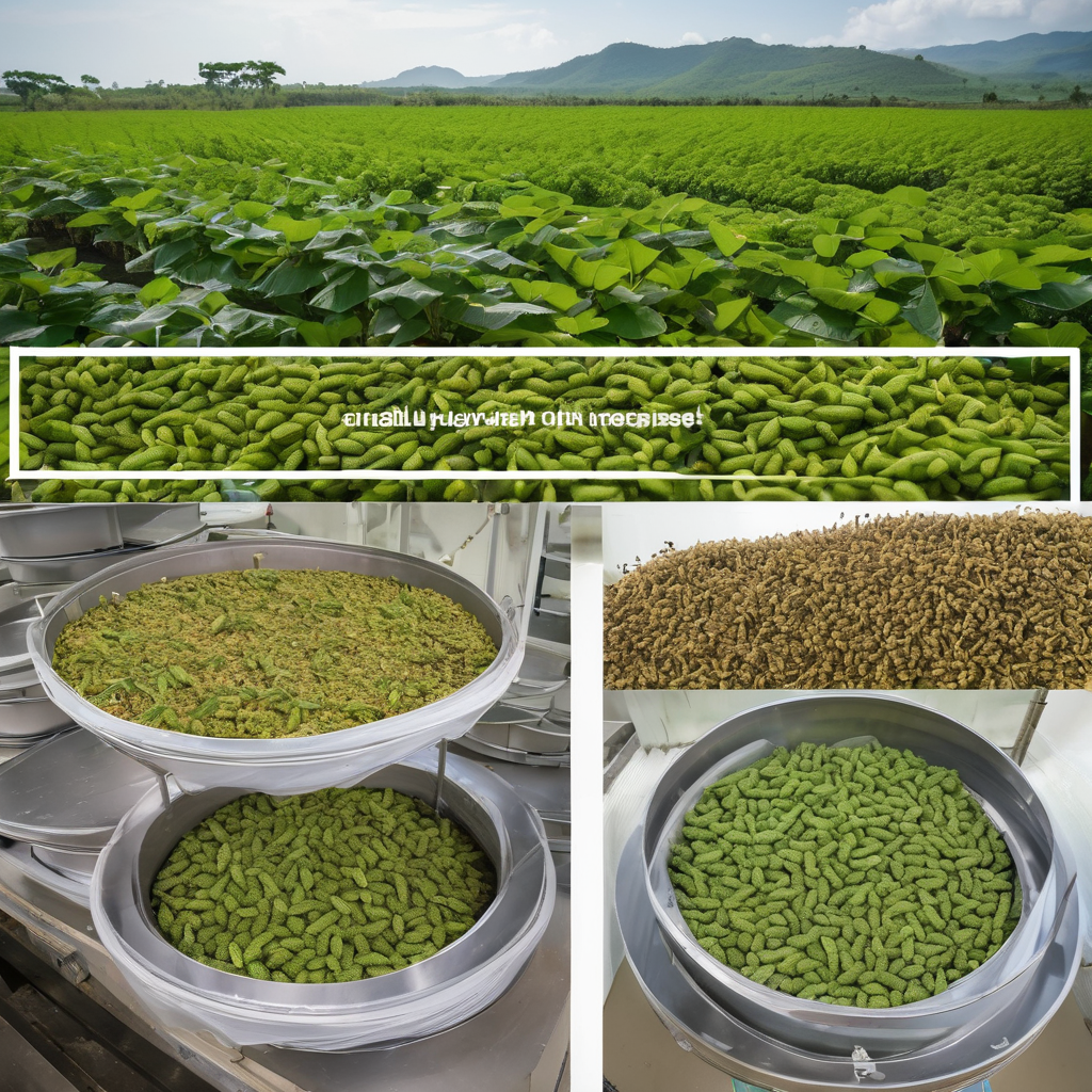 Silkworm farm field and trays of harvested silkworms in processing facilities, highlighting their role in sustainability debate.