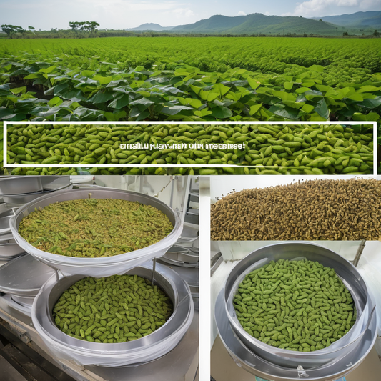 Silkworm farm field and trays of harvested silkworms in processing facilities, highlighting their role in sustainability debate.