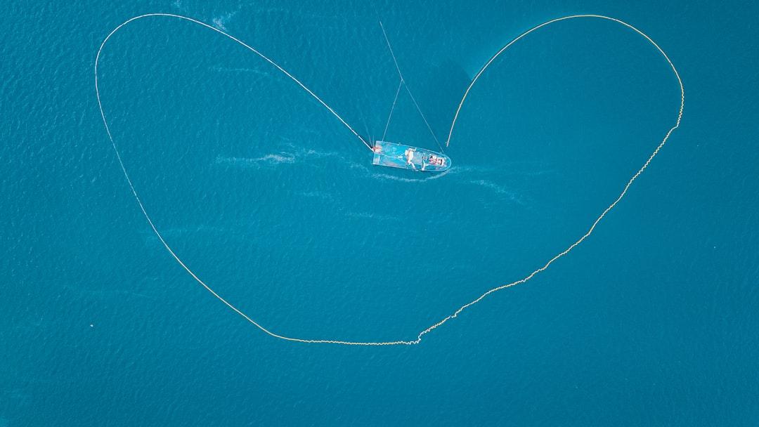 Aerial view of a small boat encircled by a fishing net in clear blue water, resembling the habitat of blue powder isopods.
