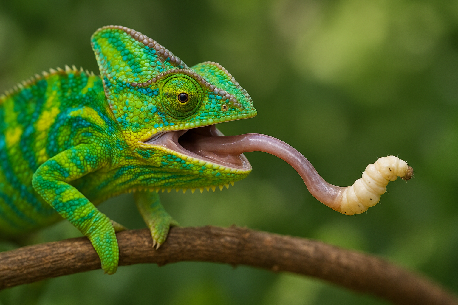 chameleon eating a silkworm