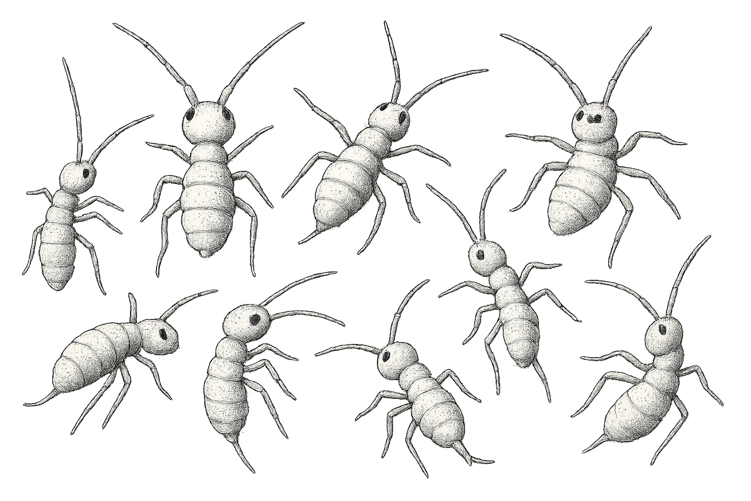 I need a bunch of white springtails on a transparent background