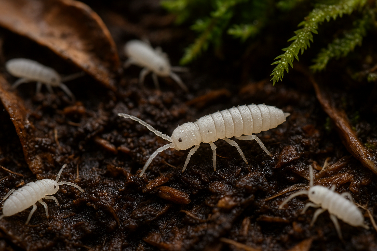 White tropical springtails on moist soil, premium feeder insects for reptiles by All Angles Creatures