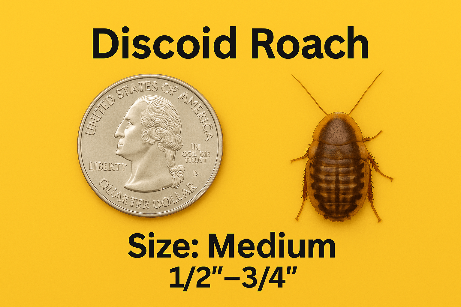Medium discoid roach next to a US quarter on yellow background, feeder insect size 1/2-3/4 inch
